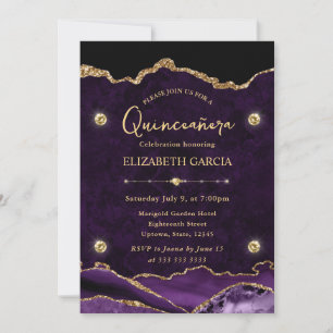 Elegant Purple and Gold Glitter Agate Quinceanera Invitation