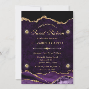 Elegant Purple and Gold Glitter Agate Sweet 16 Invitation
