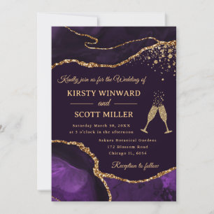 Elegant Purple and Gold Glitter Agate Wedding Invitation
