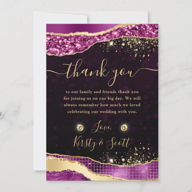 Elegant Purple and Gold Glitter Glam Tears Wedding Thank You Card (Front)