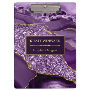 Elegant Purple and Gold Glitter Ocean Agate Clipboard