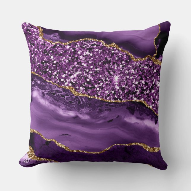 Elegant Purple and Gold Glitter Ocean Agate Cushion (Front)