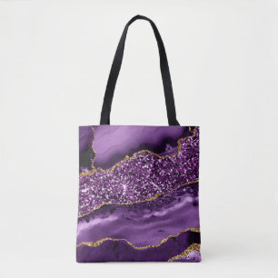 Elegant Purple and Gold Glitter Ocean Agate Tote Bag