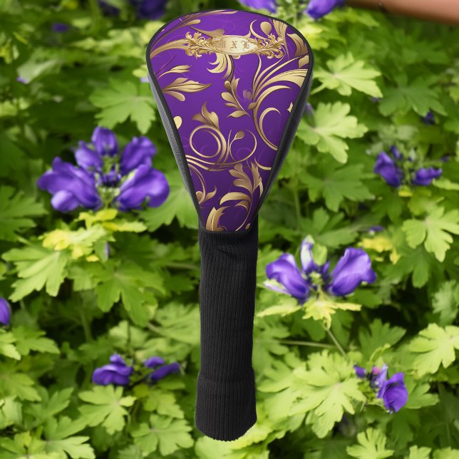 Elegant Purple and Gold Golf Head Cover (Monogrammed Royal Purple and Gold Damask Golf Head Cover)