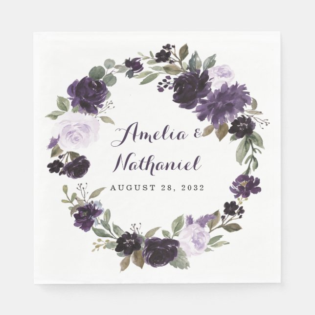Elegant Purple and Gold Green Leaf Floral Wedding Napkin (Front)