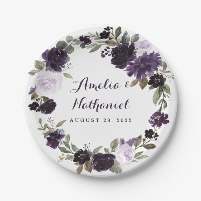 Elegant Purple and Gold Green Leaf Floral Wedding Paper Plate (Front)
