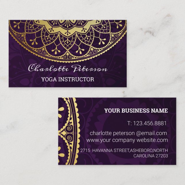 Elegant Purple and Gold Mandala Floral Business Card (Front/Back)