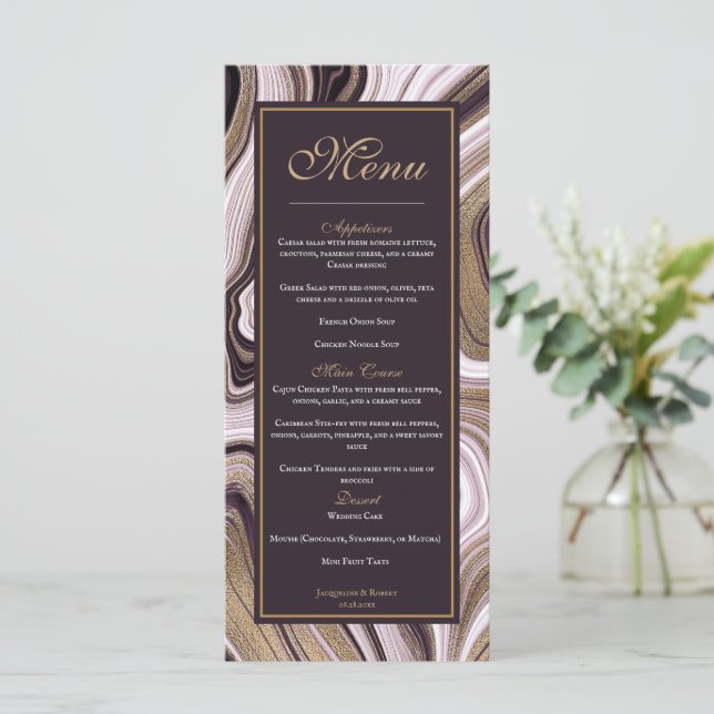 Elegant Purple and Gold Marble Wedding Menu (Standing Front)