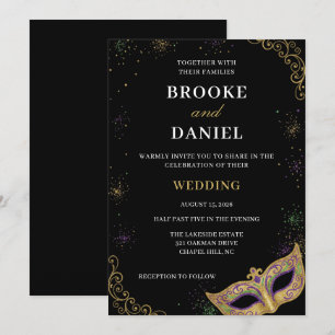 Elegant Purple and Gold Mardi Gras Wedding Invitation