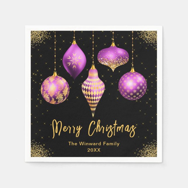 Elegant Purple and Gold Ornament Christmas Napkin (Front)