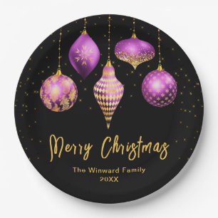 Elegant Purple and Gold Ornament Christmas Paper Plate