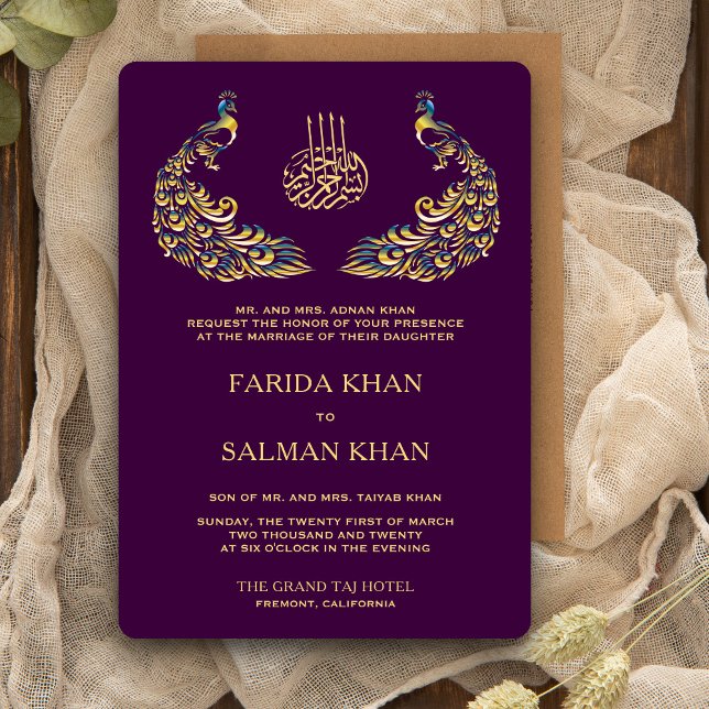 Elegant Purple and Gold Peacock Islamic Wedding Invitation (Creator Uploaded)