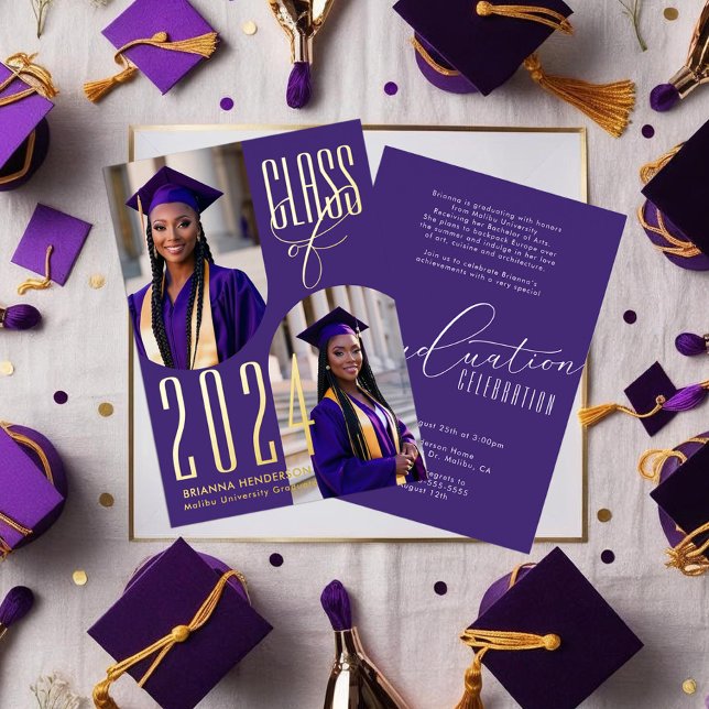 Elegant Purple and Gold Photo Graduation (Purple and Gold Foil Graduation Invitations with arched photo spaces.)