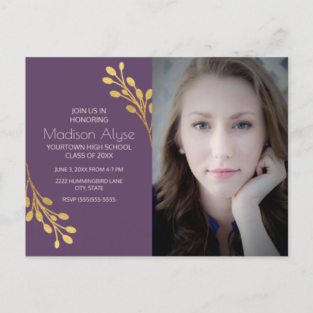 Elegant Purple and Gold Photo Graduation Party Invitation Postcard (Front)