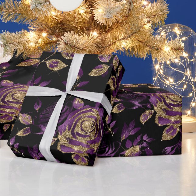 Elegant Purple and Gold Rose Floral Pattern Wrapping Paper (Holidays)