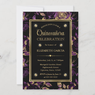 Elegant Purple and Gold Rose Floral Quinceanera Invitation