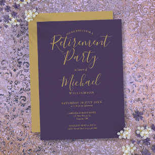 Elegant Purple And Gold Script Retirement Party Invitation