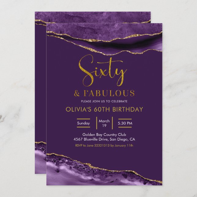 Elegant Purple and Gold Sixty and Fabulous Invitation (Front/Back)