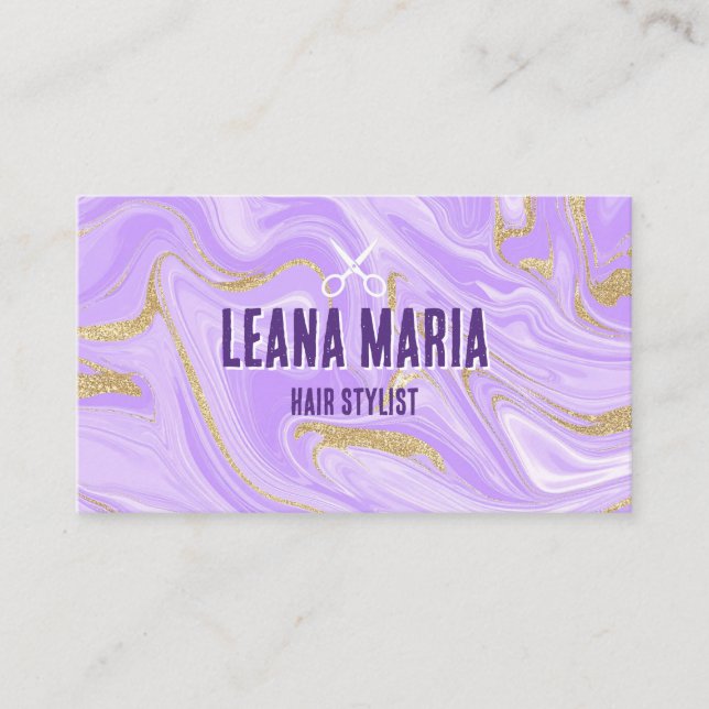 Elegant Purple and Gold Swirl Hair Salon Business Card (Front)