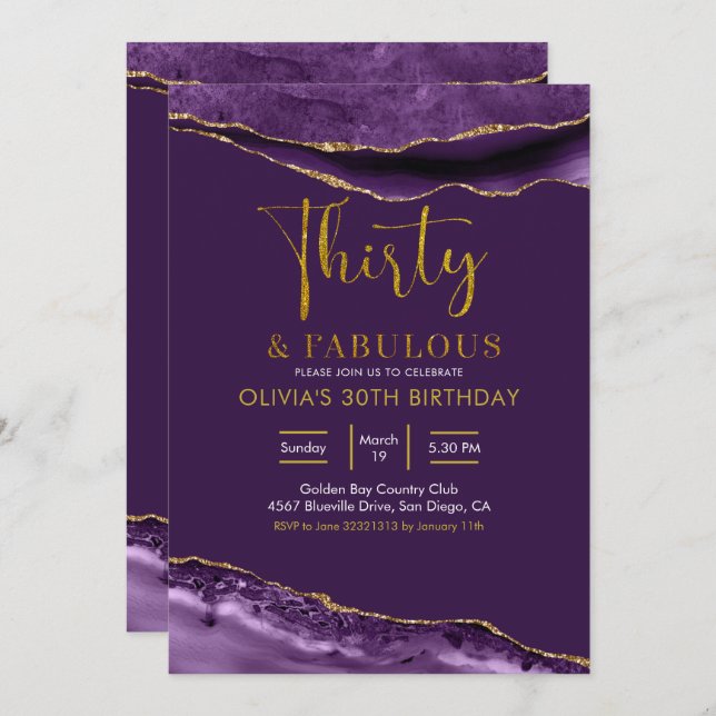 Elegant Purple and Gold Thirty and Fabulous Invitation (Front/Back)