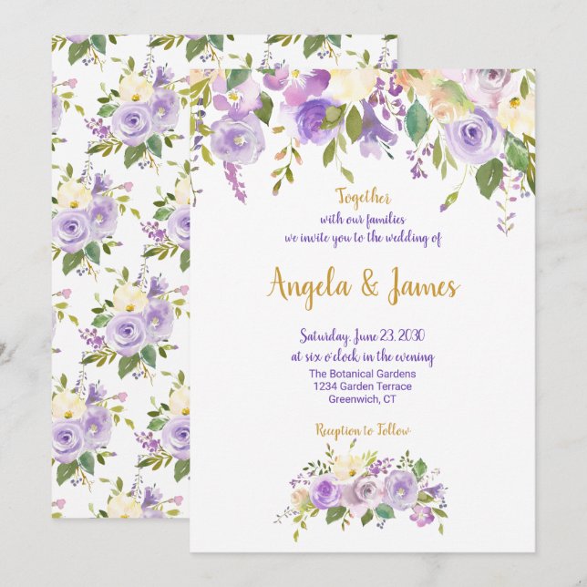 Elegant Purple and Gold Watercolor Floral Wedding Invitation (Front/Back)