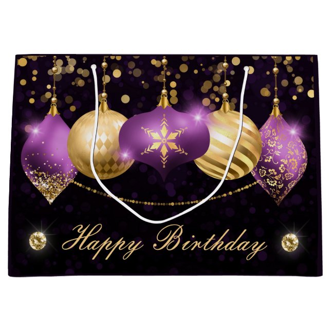 Elegant Purple and Gold Winter Baubles Birthday Large Gift Bag (Front)