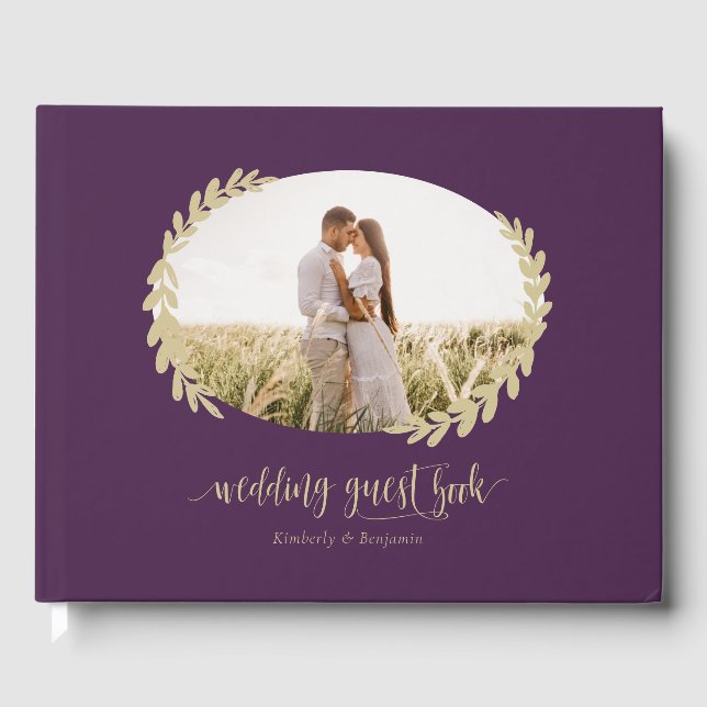 Elegant Purple and Gold Wreath Wedding Photo Guest Book (Front)