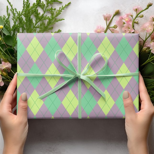 Elegant Purple and Green Argyle Girl Wrapping Paper (Cute Green, Purple and Lime Argyle Pattern. Childrens Birthdays, St Patrick's Day. Diamonds Pattern)