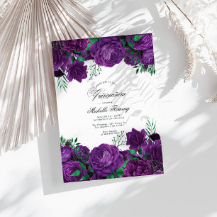 Elegant Purple and Green Floral Quinceañera Photo Invitation