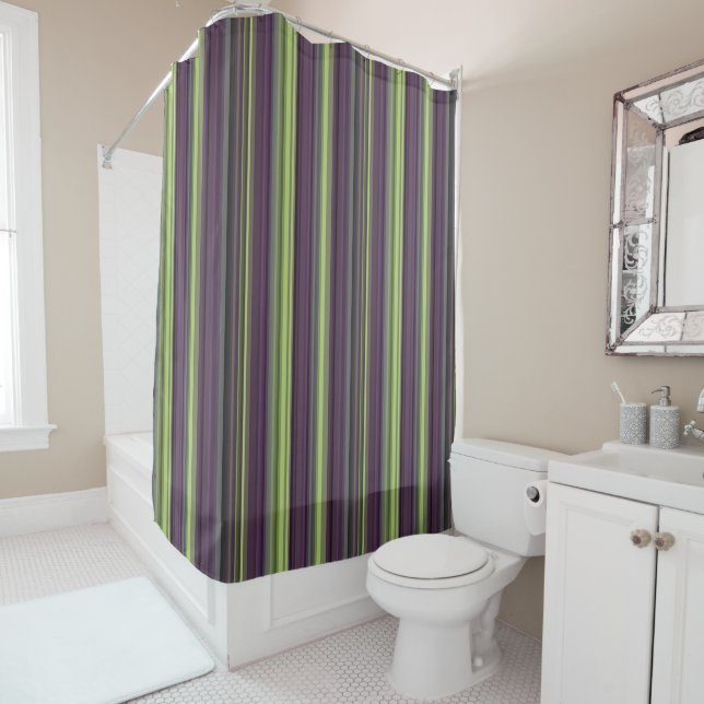 Elegant purple and green stripes shower curtain (In Situ)