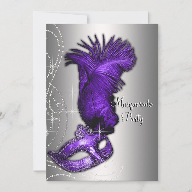 Elegant Purple and Grey Masquerade Party Invitation (Front)