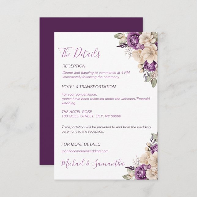 Elegant Purple and Ivory Rose Wedding Enclosure Card (Front/Back)