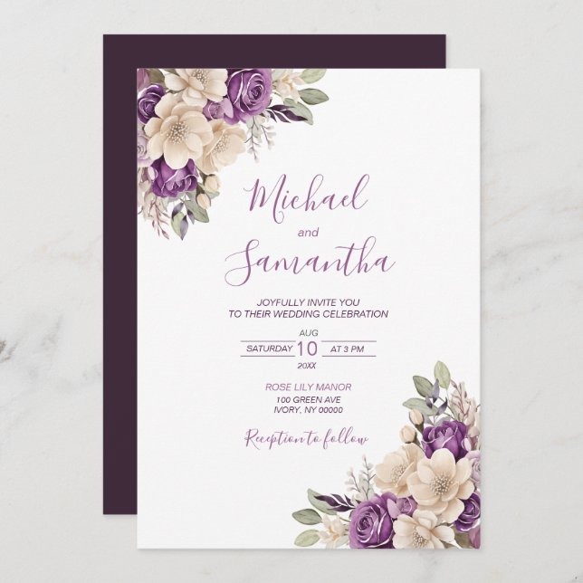 Elegant Purple and Ivory Rose Wedding Invitation (Front/Back)