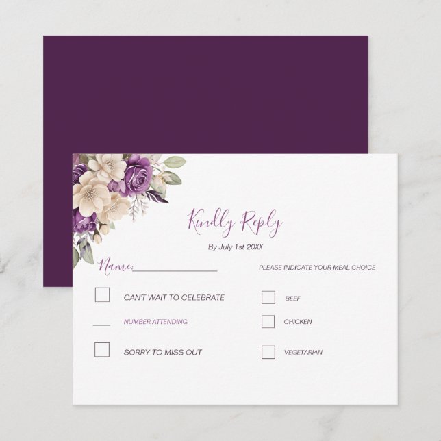 Elegant Purple and Ivory Rose Wedding RSVP Card (Front/Back)