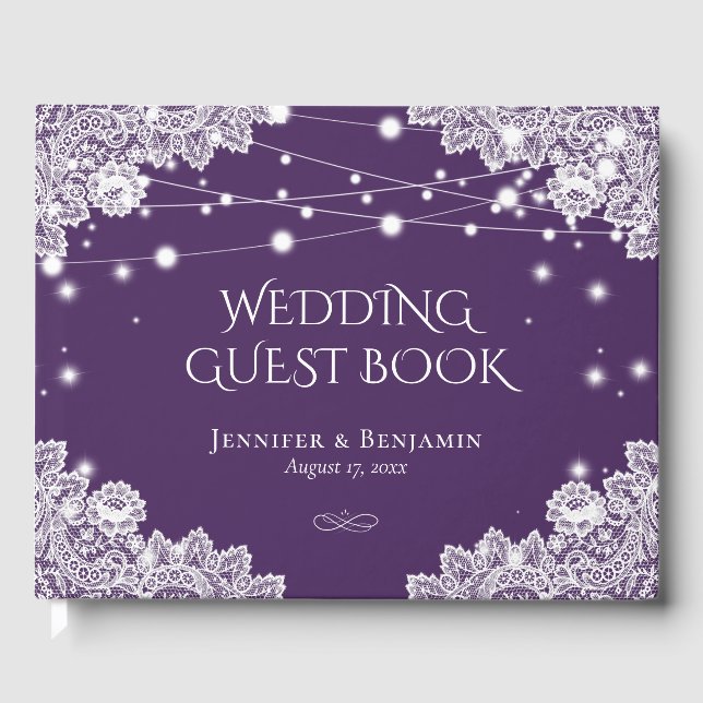 Elegant Purple and Lace Wedding Guest Book (Front)