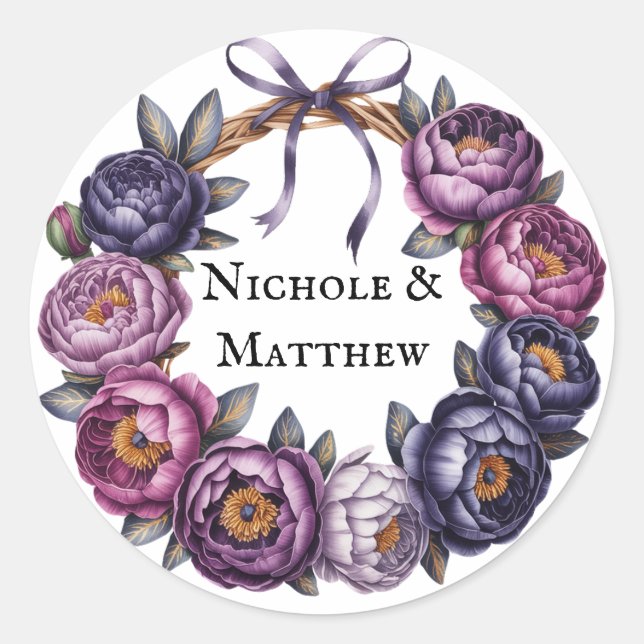 Elegant Purple and Magenta Peony Bouquet Wedding Classic Round Sticker (Front)