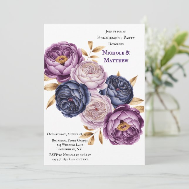 Elegant Purple and Magenta Peony Engagement Party Invitation (Standing Front)
