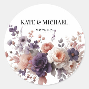 Elegant Purple and Peach Blush Floral Wedding Classic Round Sticker