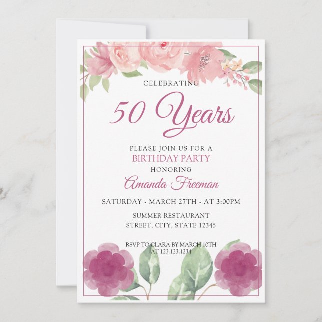 Elegant Purple and Pink Floral Mother Birthday Invitation (Front)