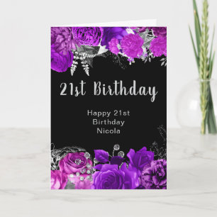 Elegant Purple and Silver Flowers Birthday  Card