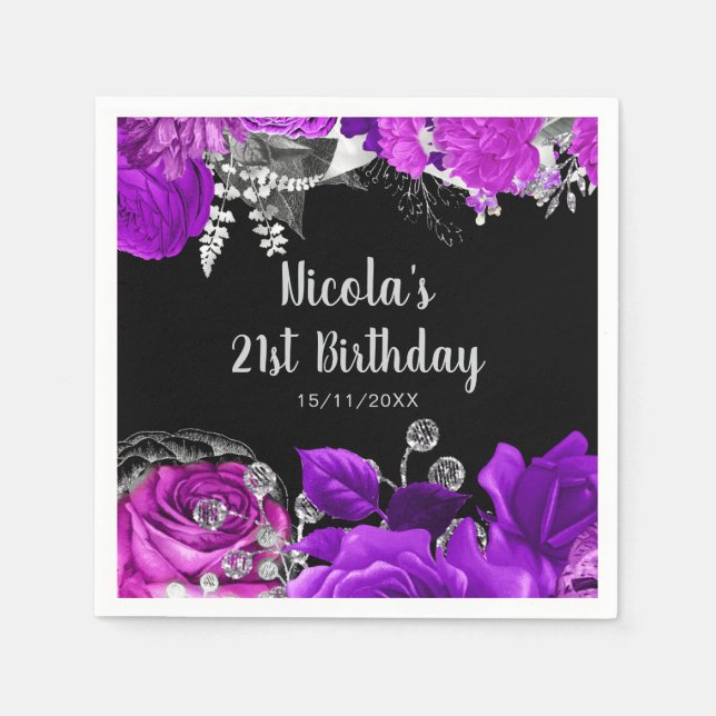 Elegant Purple and Silver Flowers Birthday Party  Napkin (Front)