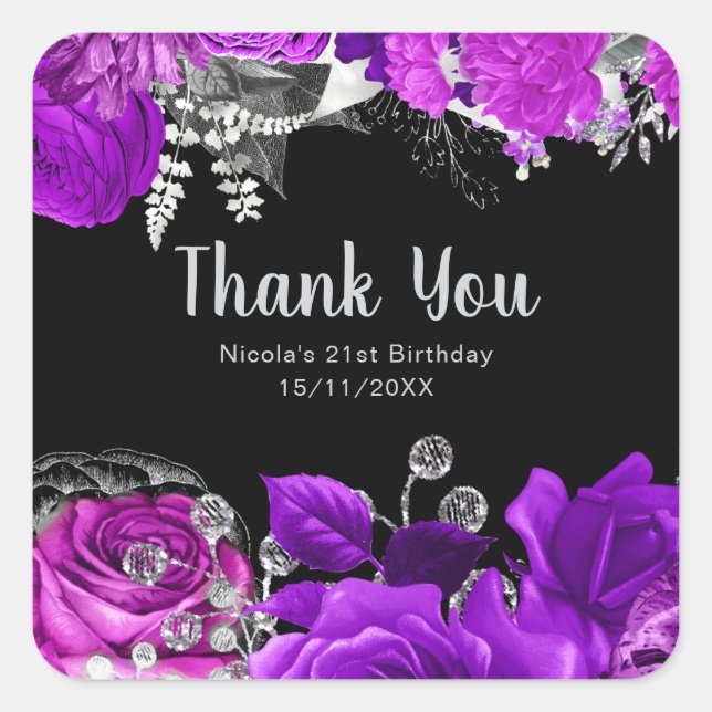 Elegant Purple and Silver Flowers Birthday Party  Square Sticker (Front)