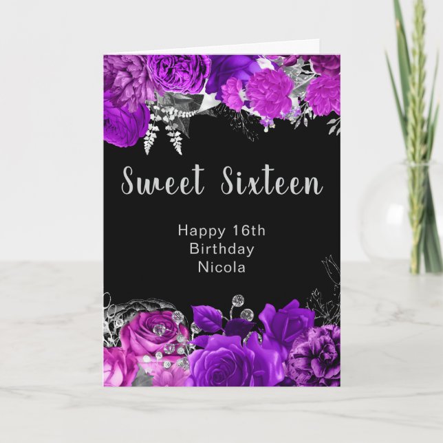 Elegant Purple and Silver Flowers Sweet Sixteen  Card (Front)