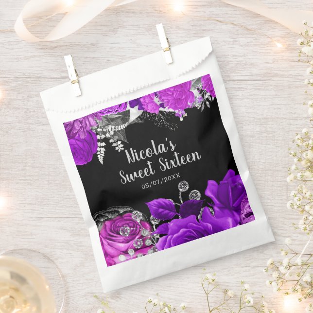 Elegant Purple and Silver Flowers Sweet Sixteen  Favour Bags (Clipped)