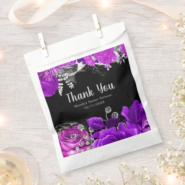 Elegant Purple and Silver Flowers Sweet Sixteen Favour Bags (Clipped)