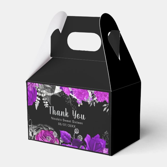Elegant Purple and Silver Flowers Sweet Sixteen Favour Box (Front Side)