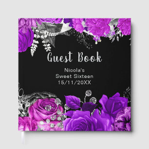 Elegant Purple and Silver Flowers Sweet Sixteen Guest Book