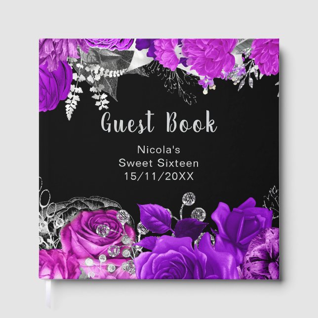 Elegant Purple and Silver Flowers Sweet Sixteen Guest Book (Front)