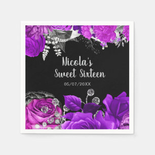 Elegant Purple and Silver Flowers Sweet Sixteen Napkin