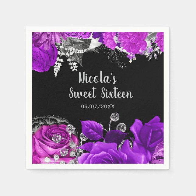 Elegant Purple and Silver Flowers Sweet Sixteen  Napkin (Front)